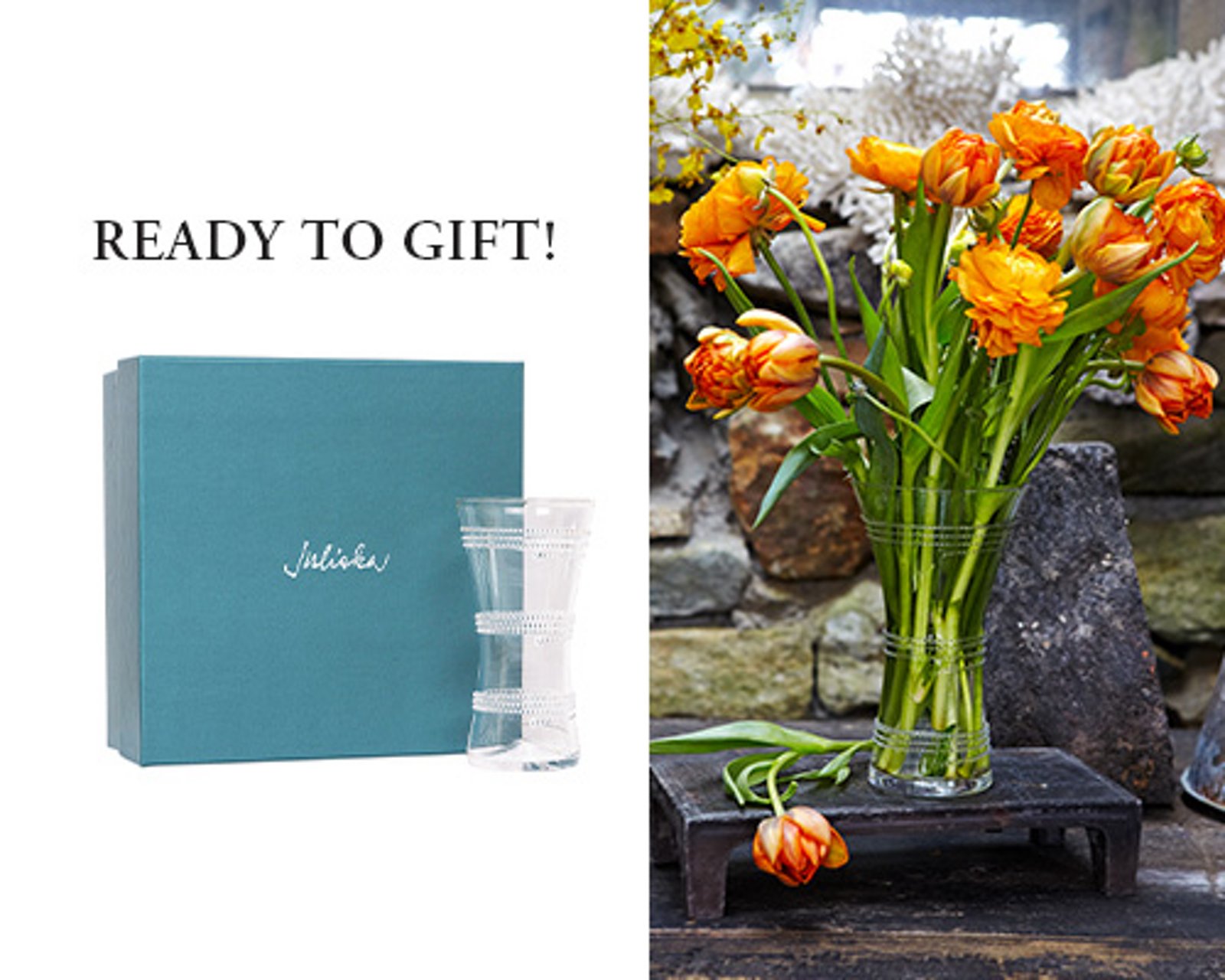 2 thumbnail photos, 1st of Juliska gift box with a Juliska vase in front, 2nd of same Juliska vase set on a table with an arrangment of orange flowers.